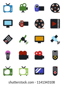 Color and black flat icon set - tv vector, reel, satellite, video camera, remote control, monitor