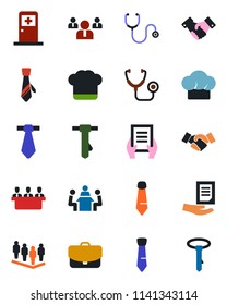 Color and black flat icon set - medical room vector, handshake, team, tie, document, stethoscope, meeting, cook hat, case