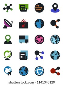 Color and black flat icon set - satellite antenna vector, bomb in case, globe, plane, earth, pin, consolidated cargo, network, share, news, social media