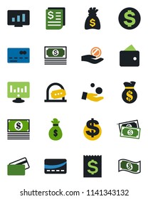 Color and black flat icon set - credit card vector, ticket office, dollar sign, money bag, statistic monitor, cash, receipt, wallet, investment