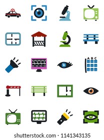 Color and black flat icon set - barrier vector, tv, alarm car, seat map, bench, monitor pulse, microscope, eye, torch, plan, alcove, scan