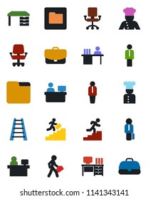 Color and black flat icon set - manager vector, desk, place, ladder, folder, career, cook, office chair, case