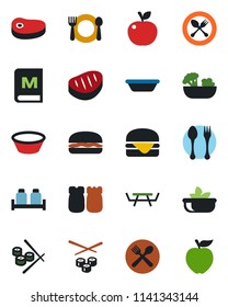 Color and black flat icon set - spoon and fork vector, picnic table, cafe, menu, salad, salt pepper, steak, hamburger, bowl, sushi, apple fruit