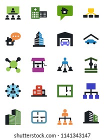 Color and black flat icon set - hierarchy vector, well, hospital, molecule, office building, garage, plan, home message