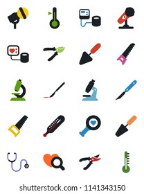Color and black flat icon set - trowel vector, pruner, saw, stethoscope, blood pressure, thermometer, heart diagnostic, microscope, scalpel, microphone