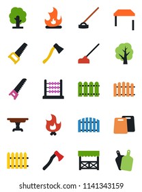 Color and black flat icon set - fence vector, tree, saw, fire, hoe, axe, abacus, table, alcove, cutting board
