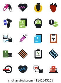 Color and black flat icon set - heart pulse vector, diagnosis, syringe, blood pressure, pills, blister, tomography, real, clipboard, hospital