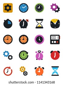 Color and black flat icon set - alarm clock vector, settings, stopwatch, gear, sand