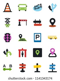 Color and black flat icon set - airport bus vector, parking, barrier, security gate, signpost, border cone, route, navigation, traffic light, place tag, guidepost
