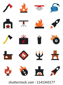 Color and black flat icon set - bomb in case vector, fire, hose, axe, fireplace, flammable, flame disk, candle, sprinkler, rocket