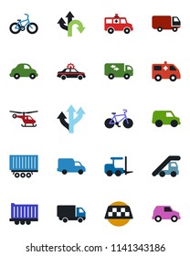 Color and black flat icon set - taxi vector, alarm car, fork loader, ladder, helicopter, ambulance, bike, route, truck trailer, delivery, moving