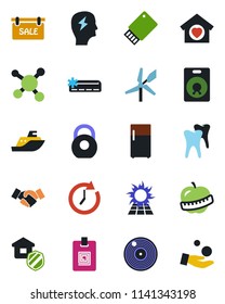 Color and black flat icon set - handshake vector, brainstorm, tooth, diet, molecule, sea shipping, heavy, vinyl, speaker, identity card, sale, sweet home, air conditioner, estate insurance, fridge
