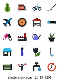 Color and black flat icon set - plane vector, dispatcher, shop, seedling, watering can, pills, scalpel, bike, clock, container, tulip, tie, water supply, office building, air conditioner, factory