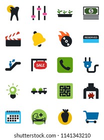 Color and black flat icon set - escalator vector, baggage larry, seedling, hospital bed, real heart, caries, cash, clapboard, flame disk, call, tuning, bell, calendar, sale, fireplace, reserved