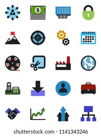 Color and black flat icon set - lock vector, hierarchy, truck trailer, reel, network, user, download, cut, calendar, case, office phone, target, handshake, factory, arrow up graph, gear, motivation