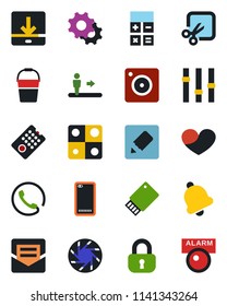 Color and black flat icon set - escalator vector, calculator, bucket, settings, heart, phone back, mobile camera, bell, mail, notes, download, cut, application, lock, remote control, usb flash