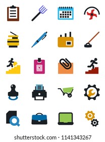 Color and black flat icon set - farm fork vector, ripper, wheelbarrow, hoe, root setup, clipboard, calendar, case, paper clip, document search, identity card, printer, notebook pc, copier, stamp