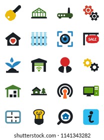 Color and black flat icon set - greenhouse vector, warehouse, house with tree, plan, sale, estate search, agent, key, sweet home, irrigation, wireless, router, pc, gear, radiator, bulb, eye scan