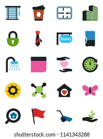 Color and black flat icon set - shower vector, coffee, lawn mower, butterfly, sun, heart hand, molecule, lock, office building, blank box, tie, plan, rooms, estate search, sweet home, jalousie, flag