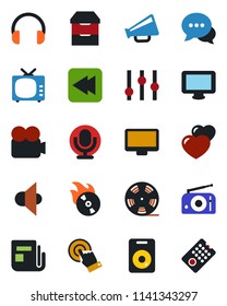 Color and black flat icon set - reel vector, flame disk, radio, news, speaker, loudspeaker, tv, settings, video camera, microphone, touch screen, dialog, headphones, monitor, heart, rewind