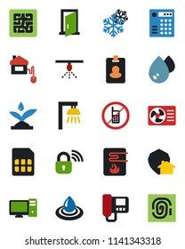 Color and black flat icon set - no mobile vector, sim, home control, chip, wireless lock, irrigation, water heater, snowflake, air conditioner, intercome, pc, outdoor lamp, protect, door, pass card