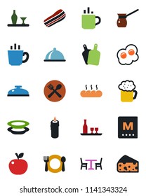 Color and black flat icon set - hot cup vector, cafe, dish, alcohol, menu, reception, coffee, beer, plates, bacon, bread, candle, cutting board, turkish, omelette, apple fruit, cheese