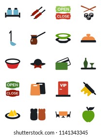 Color and black flat icon set - alcohol vector, serviette, reception, plates, salt and pepper, cafe table, vip zone, dress code, open close, credit card, kebab, ladle, bowl, rolling pin, sushi