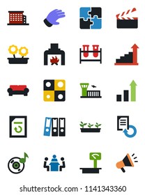 Color and black flat icon set - airport building vector, growth statistic, document reload, glove, seedling, blood test vial, heavy scales, clapboard, music, application, paper binder, meeting