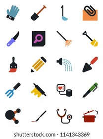 Color and black flat icon set - document search vector, job, pencil, trowel, garden fork, shovel, rake, watering, glove, knife, stethoscope, blood pressure, scalpel, share, themes, paper clip, pen