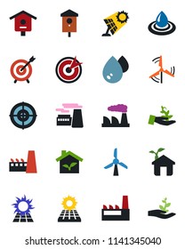 Color and black flat icon set - factory vector, bird house, target, sun panel, windmill, eco, water, palm sproute