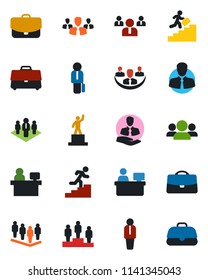 Color and black flat icon set - manager vector, pedestal, team, place, client, case, company, career ladder, group