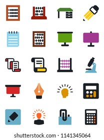 Color and black flat icon set - contract vector, abacus, desk, notepad, presentation board, microscope, calculator, notes, paper clip, ink pen, pencil, shining head