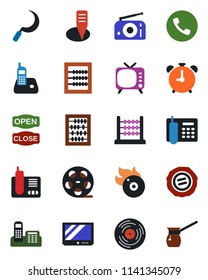 Color and black flat icon set - alarm clock vector, phone, abacus, stamp, sickle, plant label, reel, vinyl, flame disk, radio, tv, office, open close, turkish coffee