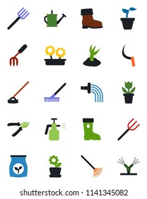 Color and black flat icon set - flower in pot vector, garden fork, farm, rake, seedling, watering can, sproute, pruner, boot, hoe, sickle, sprayer, fertilizer, irrigation