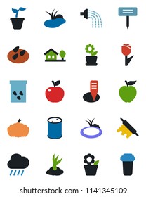 Color and black flat icon set - flower in pot vector, seedling, watering, sproute, rain, plant label, pumpkin, seeds, pond, tulip, oil barrel, house with tree, rolling pin, apple fruit, water filter