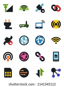 Color and black flat icon set - wireless notebook vector, satellite, network, chain, sim, data exchange, cellular signal, power plug, router, home control app, social media