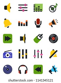 Color and black flat icon set - vinyl vector, radio, speaker, settings, equalizer, microphone, headphones, fast forward, rewind, rca, tuning, bell, mute, music, sound, advertising