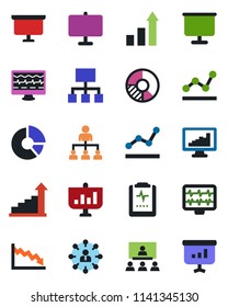 Color and black flat icon set - growth statistic vector, hierarchy, presentation board, circle chart, monitor pulse, clipboard, statistics, point graph, crisis