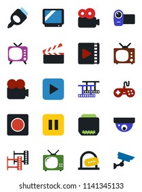 Color and black flat icon set - ticket office vector, clapboard, film frame, tv, gamepad, video camera, play button, pause, hdmi, record, surveillance