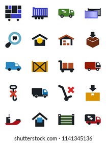 Color and black flat icon set - sea shipping vector, truck trailer, cargo container, car delivery, consolidated, warehouse storage, no trolley, hook, package, search, moving