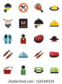 Color and black flat icon set - spoon and fork vector, waiter, dish, serviette, menu, plates, dress code, steak, kebab, ham, steaming pan, sushi