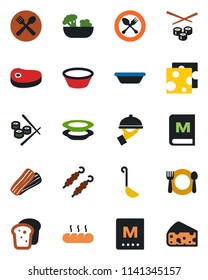 Color and black flat icon set - spoon and fork vector, cafe, menu, salad, plates, bacon, waiter, bread, steak, kebab, ladle, bowl, sushi, cheese