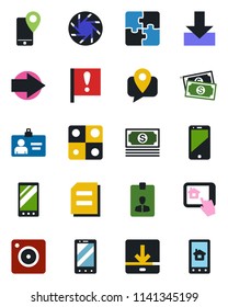 Color and black flat icon set - right arrow vector, mobile phone, identity card, document, important flag, cash, tracking, cell, camera, download, application, home control app