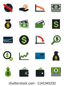 Color and black flat icon set - credit card vector, dollar sign, money bag, crisis graph, cash, receipt, wallet, growth, search, investment