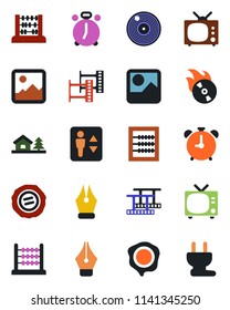 Color and black flat icon set - elevator vector, alarm clock, tv, abacus, stamp, film frame, vinyl, flame disk, gallery, ink pen, house with tree, power plug