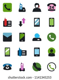 Color and black flat icon set - phone vector, mobile, office, 24 hours, support, cell, radio, call, mail, data exchange