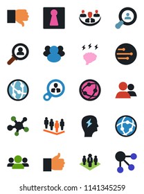 Color and black flat icon set - female vector, team, brainstorm, network, share, group, finger up, down, company, client search, consumer, social media