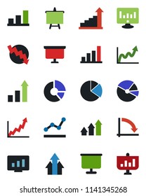 Color and black flat icon set - growth statistic vector, presentation board, crisis graph, monitor, circle chart, bar, pie, point, arrow up