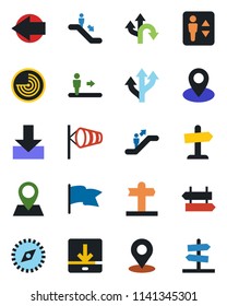 Color and black flat icon set - elevator vector, escalator, signpost, left arrow, wind, radar, route, pin, download, place tag, compass, flag, guidepost
