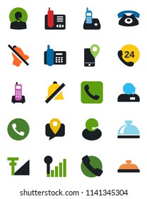 Color and black flat icon set - phone vector, reception bell, office, 24 hours, support, mobile tracking, radio, call, mute, cellular signal